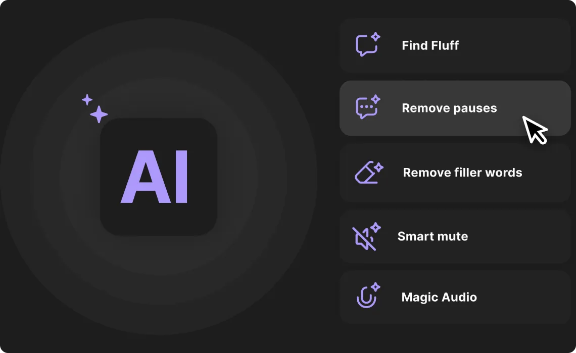 User interface menu highlighting 'Remove pauses' option with other options including 'Find Fluff,' 'Remove filler words,' 'Smart mute,' and 'Magic Audio' surrounding a central AI icon.